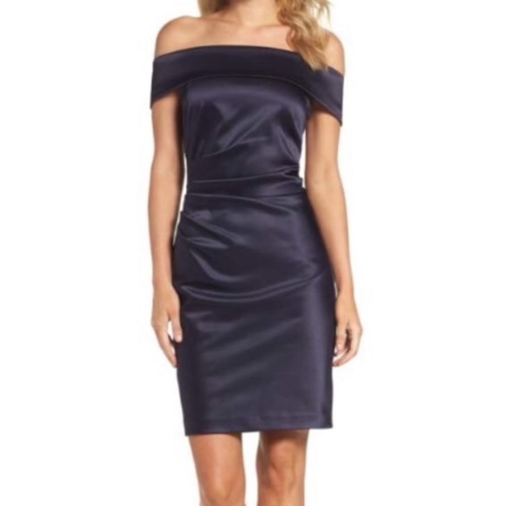 Eliza J | Alexia Ruched Off Shoulder Satin Sleek Sheath Dress Navy (10)
